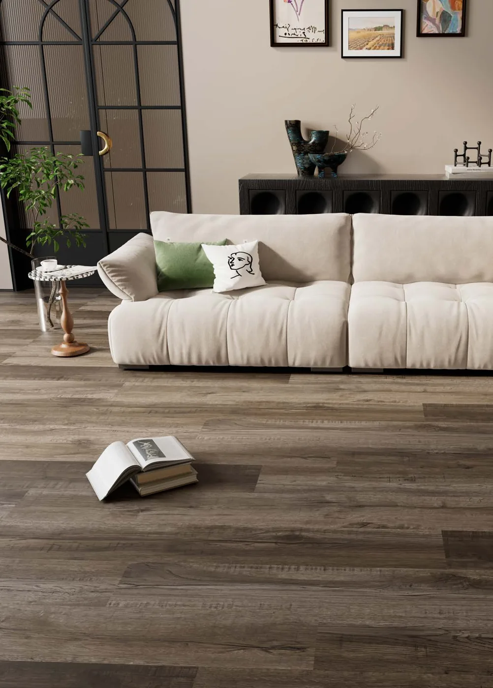 Dunkler Holzboden in einem Wohnzimmer