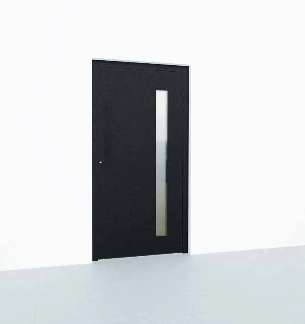 Dunkle Aluminium-Haustür mit senkrechtem Glasausschnitt