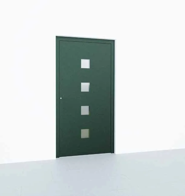 Aluminium-Haustür in Grün mit senkrechten Applikationen