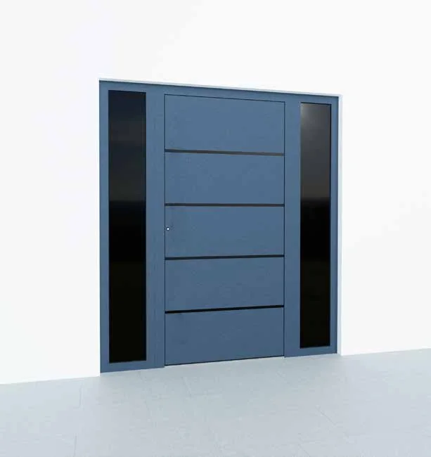 Aluminium-Haustür Premium P90, Modell M02 in Stahlblau mit waagerechten Applikationen und Seitenteil