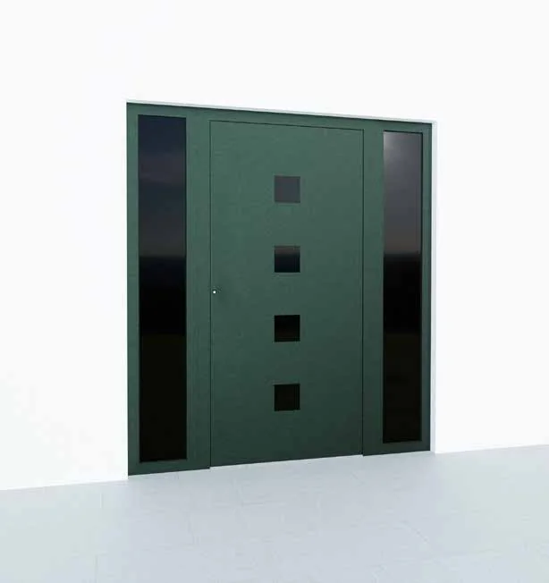 Aluminium-Haustür Premium P90, Modell M03 in Tannengrün mit quadratischen Glasausschnitten und Seitenteil