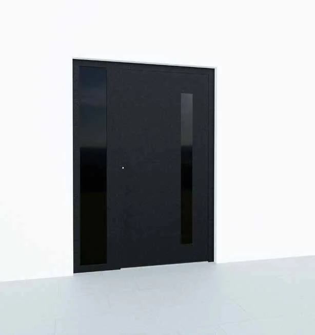Aluminium-Haustür Premium P90, Modell M04 in Signalschwarz mit senkrechtem Glasausschnitt und Seitenteil