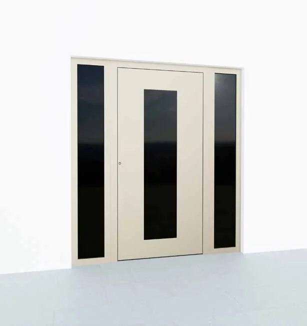 Aluminium-Haustür Premium P90, Modell M08 in Hellelfenbein mit Glasausschnitt und Seitenteil