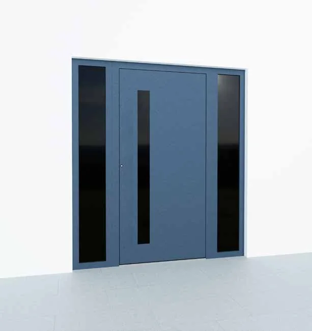 Aluminium-Haustür Premium P90, Modell M14 in Stahlblau mit senkrechtem Glasausschnitt und Seitenteil