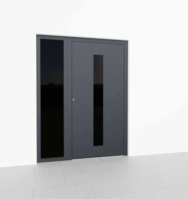 Aluminium-Haustür Premium P90, Modell M15 in Anthrazit mit senkrechtem Glasausschnitt und Seitenteil